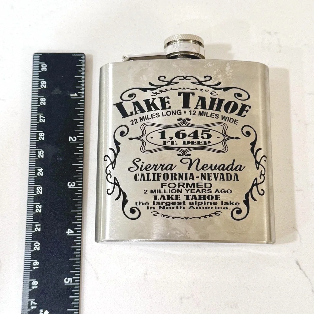 Lake Tahoe Sierra Nevada Stainless Steel‎ 6 oz Hip Flask Silver Souvenir